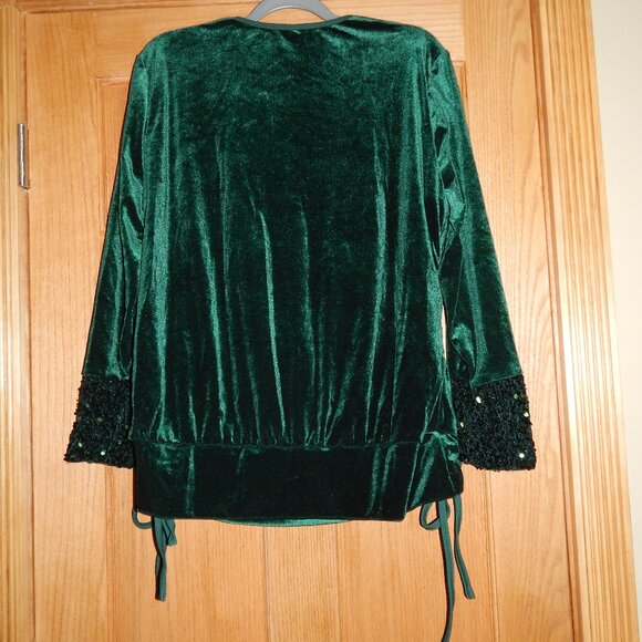 Women's Size XL Emerald Green Velvet & Sequin Holiday Christmas Blouse Shirt - Picture 2 of 2